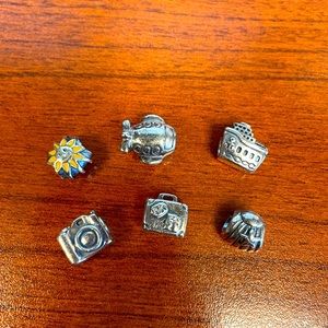 6 Pandora charms, Sun, Airplane, Cruise Ship, Camera, Suitcase and Seashell